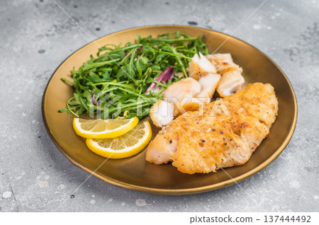 Crispy fried redfish fillet with green salad and citrus. Balanced seafood dinner plate. 137444492