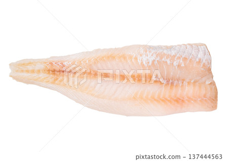 Fresh cod fish fillet, showcasing its delicate texture and pristine color, perfect for grilling or baking. isolated on white background. top view Fresh cod fish fillet, showcasing its delicate texture and pristine color, perfect for grilling or baking. isolated on white background. top view 137444563