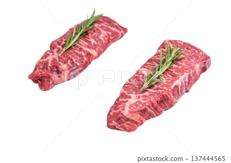 Premium denver, chuck eye steak, beautifully presented, ready for seasoning. A versatile cut ideal for barbecue enthusiasts and steak lovers alike. isolated on white background. top view 137444565