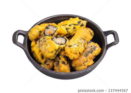 Korean Crispy seaweed noodle rolls Gimmari deep-fried seaweed rice rolls. isolated on white background. top view Korean Crispy seaweed noodle rolls Gimmari deep-fried seaweed rice rolls. isolated on white background. top view 137444567