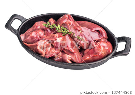 Freshly sourced poultry liver, chicken offals waiting to be transformed into a delicious dish. isolated on white background. top view Freshly sourced poultry liver, chicken offals waiting to be transformed into a delicious dish. isolated on white background. top view 137444568
