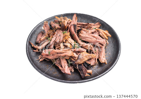 A tantalizing plate of pulled brisket, slow-cooked to perfection, drizzled with barbecue sauce for added flavor. isolated on white background. top view A tantalizing plate of pulled brisket, slow-cooked to perfection, drizzled with barbecue sauce for added flavor. isolated on white background. top view 137444570