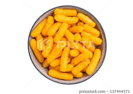 Deliciously addictive cheese flavored corn puffs, beautifully arranged on a plate. isolated on white background. top view 137444571