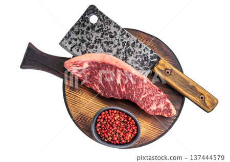 Freshly sourced picanha cut or rump cap steak, raw meat waiting to be transformed into a mouthwatering dish. isolated on white background. top view Freshly sourced picanha cut or rump cap steak, raw meat waiting to be transformed into a mouthwatering dish. isolated on white background. top view 137444579