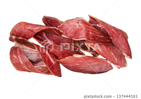 Serbian ham Prsut, sliced cured pork meat on plate isolated on white background. top view Serbian ham Prsut, sliced cured pork meat on plate isolated on white background. top view 137444581