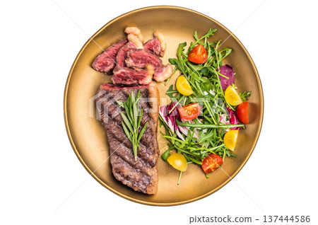 Grill Top Sirloin beef steak, rump steak with salad on a plate. isolated on white background. top view Grill Top Sirloin beef steak, rump steak with salad on a plate. isolated on white background. top view 137444586