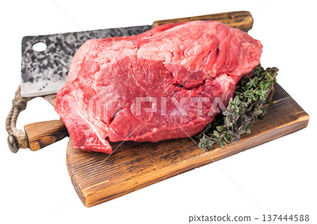 Fresh raw boneless beef shank displayed on a wooden cutting board, showcasing its rich color and marbling, perfect for hearty soups and stews. isolated on white background. top view Fresh raw boneless beef shank displayed on a wooden cutting board, showcasing its rich color and marbling, perfect for hearty soups and stews. isolated on white background. top view 137444588