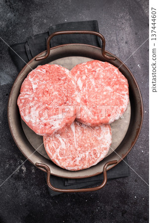 Frozen Meat cutlet, mincemeat of pork and beef for burgers. black background. top view 137444607