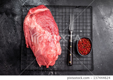 Close-up of raw boneless beef shank cuts, highlighting their tender texture and vibrant hue, ideal for culinary enthusiasts seeking quality ingredients. black background. top view 137444624