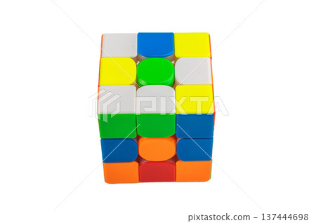 Bright speedcube puzzle toy photographed in clean studio light, geometric colorful blocks symbolizing intelligence, strategy and problem solving skills. Bright speedcube puzzle toy photographed in clean studio light, geometric colorful blocks symbolizing intelligence, strategy and problem solving skills. 137444698