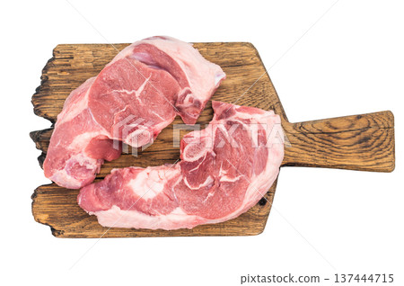 Fresh raw lamb chump cutlets from saddle section placed on wooden board with thyme seasoning, traditional butcher style composition for gourmet cooking. Fresh raw lamb chump cutlets from saddle section placed on wooden board with thyme seasoning, traditional butcher style composition for gourmet cooking. 137444715