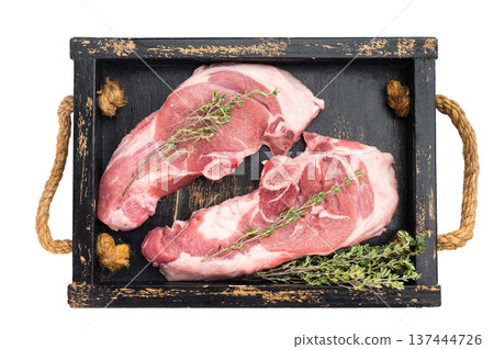 Premium lamb chops with bone in dark moody styling, fresh sirloin saddle meat with herbs and natural texture prepared for roasting, frying or grilling recipes. Premium lamb chops with bone in dark moody styling, fresh sirloin saddle meat with herbs and natural texture prepared for roasting, frying or grilling recipes. 137444726