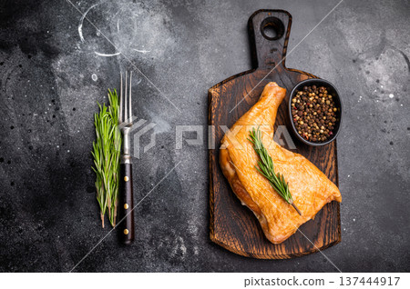 Smoked chicken leg, roast cooked poultry meat dinner. black background. top view Smoked chicken leg, roast cooked poultry meat dinner. black background. top view 137444917