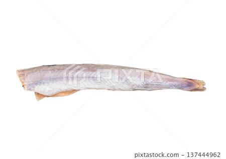 Raw frozen blue whiting fillet stacked isolated on clean white background minimal seafood composition with natural silver skin texture overhead studio food photography 137444962