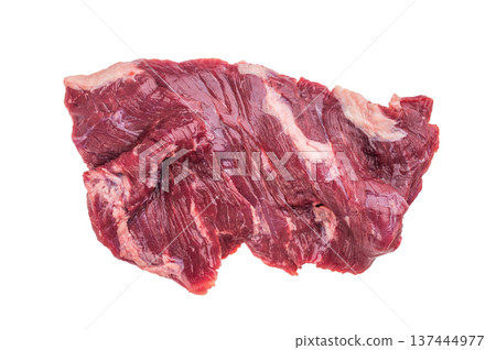 Raw machete steak also known as skirt displayed on rustic wooden board top view isolated 137444977