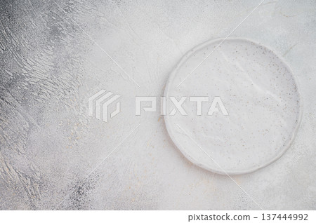 Round empty porcelain dish in flat lay composition, modern minimal crockery on white background ideal for restaurant branding 137444992
