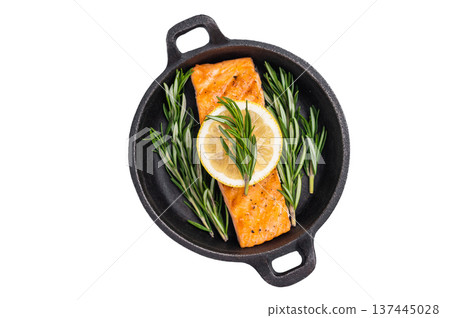 Fried salmon fillet with herbs, grilled fish steak in a pan isolated on white background. top view 137445028