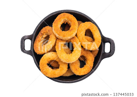 Crispy Fried squid rings, calamari fastfood snack isolated on white background. top view Crispy Fried squid rings, calamari fastfood snack isolated on white background. top view 137445033