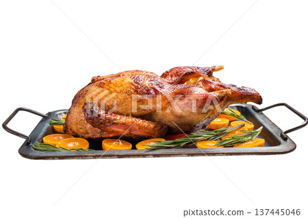 Baked whole duck with apples and herbs on steel tray. grey background. top view Baked whole duck with apples and herbs on steel tray. grey background. top view 137445046