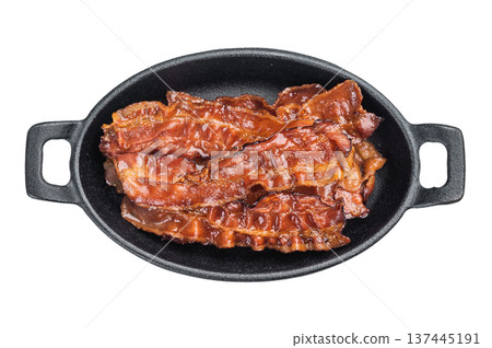 Streaky crispy bacon cooked to sizzling caramelized texture with pork notes and rich smoky taste great for breakfast and snack themes. Streaky crispy bacon cooked to sizzling caramelized texture with pork notes and rich smoky taste great for breakfast and snack themes. 137445191