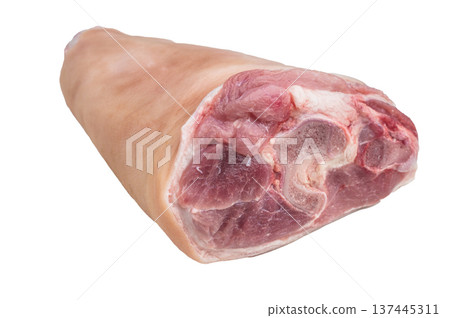 Raw pork knuckle with bone on white background showing fresh meat texture perfect for culinary use recipes butchery and food styling. Raw pork knuckle with bone on white background showing fresh meat texture perfect for culinary use recipes butchery and food styling. 137445311