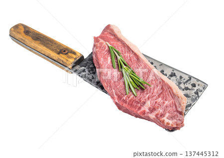 Raw picanha steak with rosemary on meat cleaver, also known as top sirloin cap, isolated on white background Raw picanha steak with rosemary on meat cleaver, also known as top sirloin cap, isolated on white background 137445312