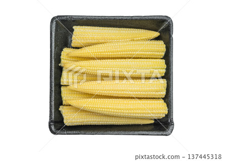 Fresh baby corn cobs packed in black foam tray isolated on white background raw vegetable ingredient for grocery retail Fresh baby corn cobs packed in black foam tray isolated on white background raw vegetable ingredient for grocery retail 137445318