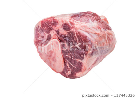 Raw veal shank with bone whole cut isolated on white background fresh uncooked meat ingredient for braising stew and osso buco 137445326