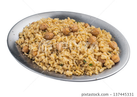 Healthy vegan bulgur pilav with chickpeas and herbs served on isolated background top view 137445331