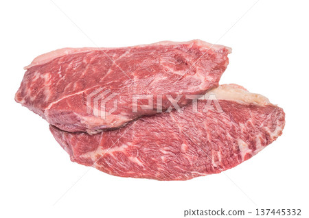 Fresh uncooked beef picanha steak, sirloin cap cut with fat layer, isolated on white background, premium meat ingredient Fresh uncooked beef picanha steak, sirloin cap cut with fat layer, isolated on white background, premium meat ingredient 137445332