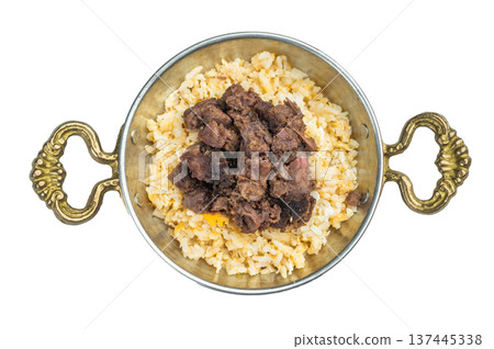 Kawurma qawurma with seared diced meat layered on fluffy pilav, highlighting caramelized surfaces and well-defined grain texture. Kawurma qawurma with seared diced meat layered on fluffy pilav, highlighting caramelized surfaces and well-defined grain texture. 137445338