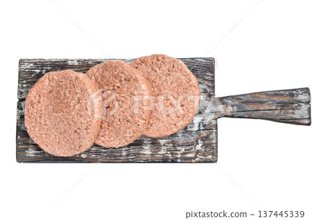 Vegan meatless burger patties plant based protein substitute for vegetarian and flexitarian diet isolated background Vegan meatless burger patties plant based protein substitute for vegetarian and flexitarian diet isolated background 137445339