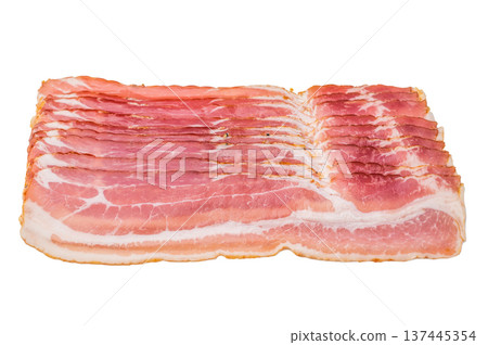 Raw cured pork bacon streaky slices with visible fat texture isolated on white ideal for breakfast and culinary use 137445354
