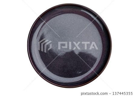 Empty gray ceramic plate top view on background. Glossy round tableware mockup with copy space Empty gray ceramic plate top view on background. Glossy round tableware mockup with copy space 137445355