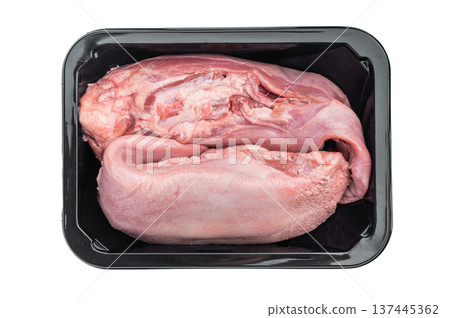 Raw pork tongues packed in black plastic tray isolated on white background fresh organ meat ingredient for retail Raw pork tongues packed in black plastic tray isolated on white background fresh organ meat ingredient for retail 137445362