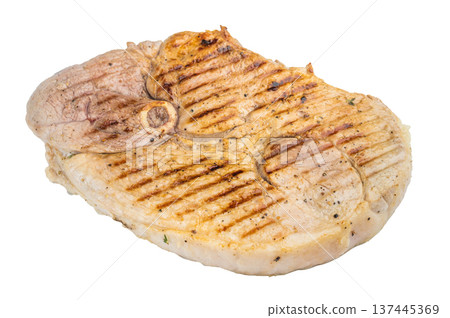 Grill cooked pork shoulder joint with bone isolated on white background tender seasoned meat with visible grill marks Grill cooked pork shoulder joint with bone isolated on white background tender seasoned meat with visible grill marks 137445369