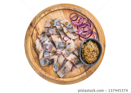 Salted and marinated herring pieces with red onion and grain mustard on wooden board. isoalted background with copy space 137445374