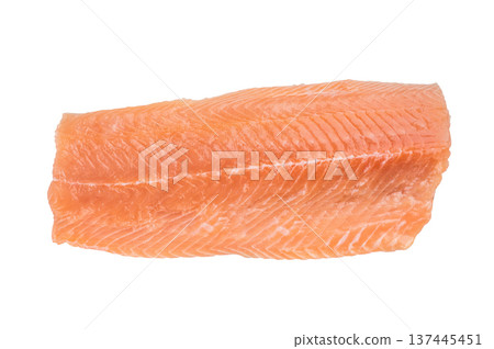 Raw Atlantic salmon fillet skinless pieces isolated on white background. Fresh seafood fish rich in protein and omega3.. Raw Atlantic salmon fillet skinless pieces isolated on white background. Fresh seafood fish rich in protein and omega3.. 137445451