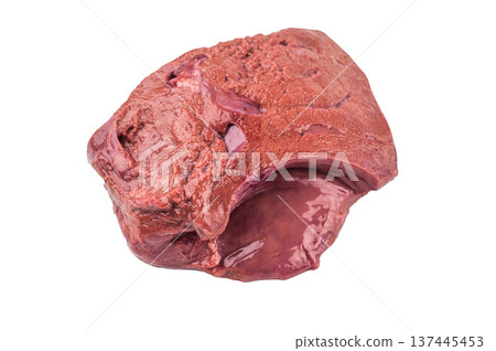 Raw lamb whole liver on rustic wooden board, isolated on white background. Fresh sheep liver organ meat. 137445453