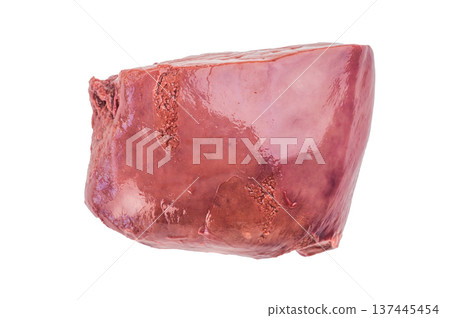 Raw beef liver isolated on white background. Fresh whole organ meat also known as veal liver calf liver and ox liver. 137445454