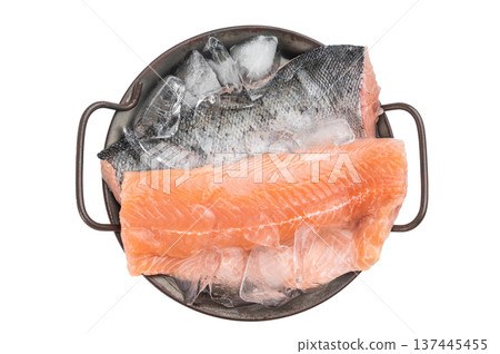Atlantic salmon fillet raw and fresh with skin on ice. 137445455