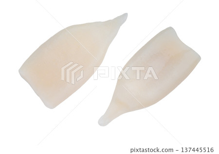 Fresh raw squid fillets calamari mantle seafood on a clean white background ideal for cooking photography and gourmet recipe content 137445516