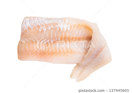 Uncooked Atlantic cod fillet, raw fish ready to be seasoned and transformed into a delicious meal. isolated on white background. top view 137445603