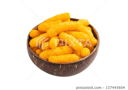 Irresistible Cheese puffs, cheese snacks bursting with bold flavors and a satisfying crunch. isolated on white background. top view 137445604