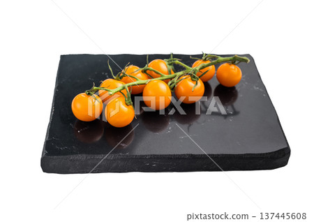 Fresh small yellow cherry tomatoes assortment, mini organic cocktail tomate mix isolated on white background. top view 137445608