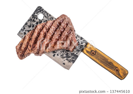 Grilled Denver steak, perfectly seared with beautiful grill marks, showcasing its juicy tenderness and rich flavor. isolated on white background. top view Grilled Denver steak, perfectly seared with beautiful grill marks, showcasing its juicy tenderness and rich flavor. isolated on white background. top view 137445610