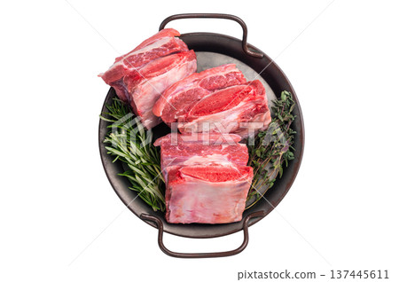 Raw Beef Short Rib, uncooked meat with bone and fat isolated on white background. top view Raw Beef Short Rib, uncooked meat with bone and fat isolated on white background. top view 137445611