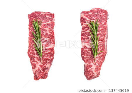 Premium denver, chuck eye steak, beautifully presented, ready for seasoning. A versatile cut ideal for barbecue enthusiasts and steak lovers alike. isolated on white background. top view Premium denver, chuck eye steak, beautifully presented, ready for seasoning. A versatile cut ideal for barbecue enthusiasts and steak lovers alike. isolated on white background. top view 137445619