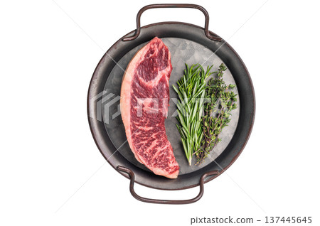 Raw rump cap steak, beef meat, showcasing its rich color and marbling. isolated on white background. top view Raw rump cap steak, beef meat, showcasing its rich color and marbling. isolated on white background. top view 137445645
