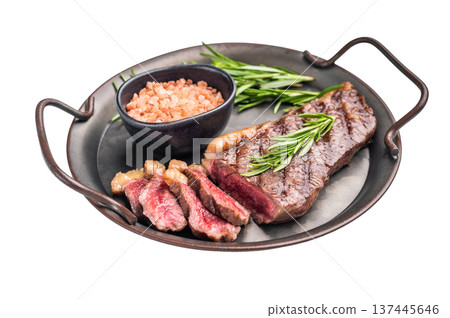 BBQ grilled Top Sirloin beef steak with herbs. isolated on white background. top view 137445646